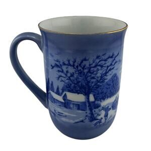 Currier & Ives Winter Farmhouse Mug Porcelain Blue White Cozy Charm